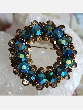 Hobe Vintage Gold Tone Electric Blue Aurora Borealis Topaz Crystal Stones